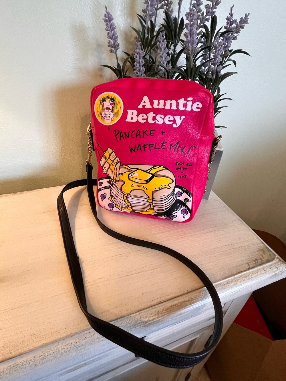 Betsey Johnson “Auntie Betsey Pancake & Waffle Mix” Pink Crossbody Bag